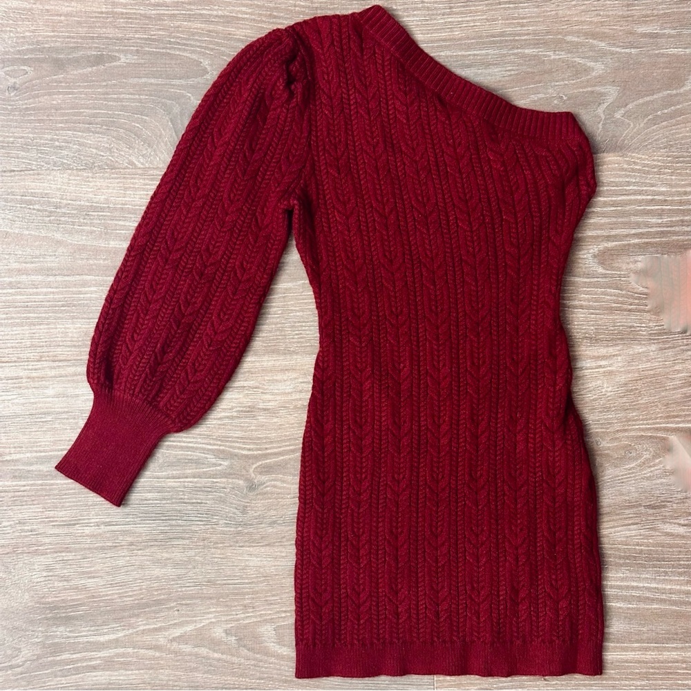 entro One-Shoulder Cable Knit Dress in Burgundy